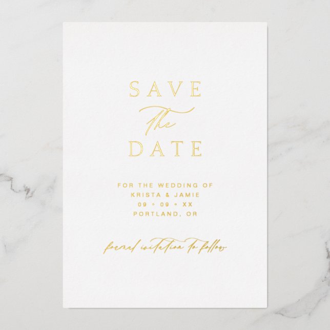 Simple Gold & White Photo Wedding Save the Date Folieneinladung (Vorderseite)