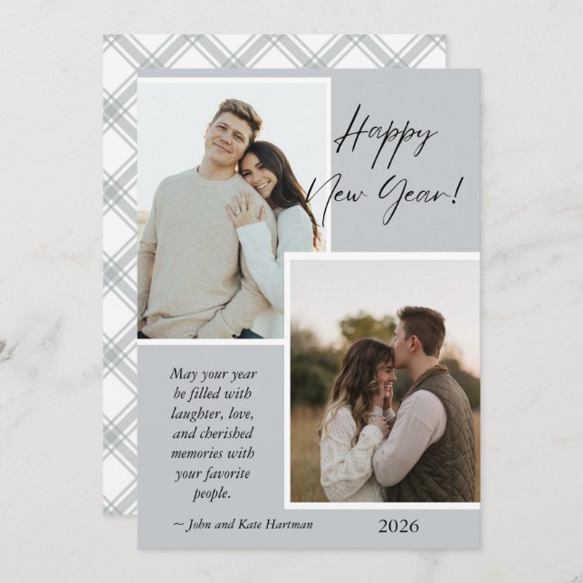 Simple Gray and White New Years Photo Collage Card (Vorne/Hinten)