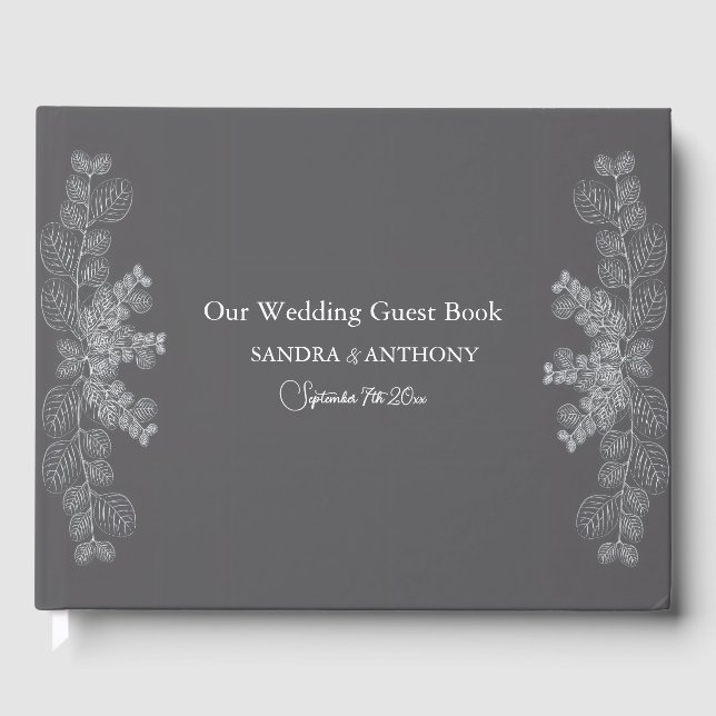 Simple Gray Line Art Eucalyptus Wedding Gästebuch (Vorderseite)