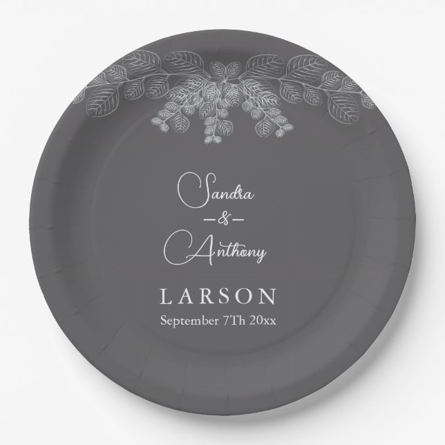 Simple Gray Line Art Eucalyptus Wedding Napkins Pappteller (Vorderseite)