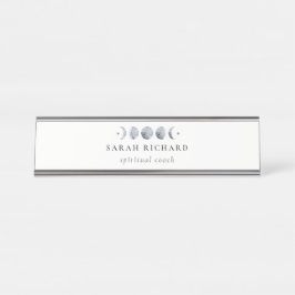 Simple Gray Lunar Celestial Moon Phase Wasserfarbe Schreibtischnamensplakette