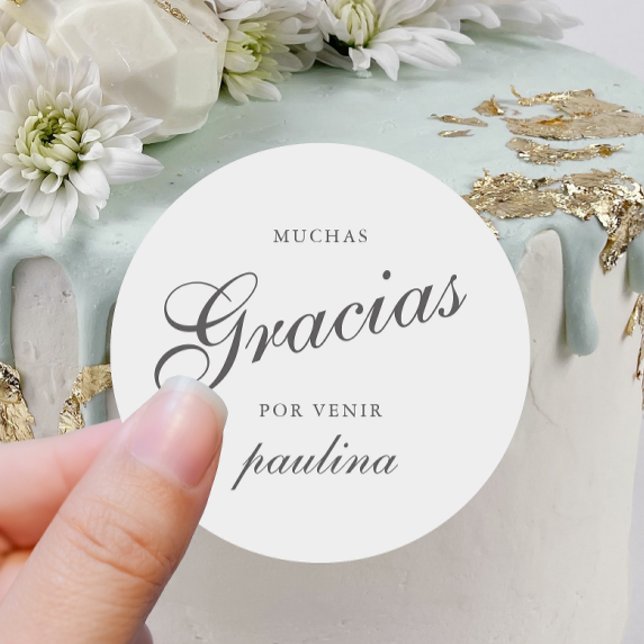 Simple Gray White Quinceañera Gracias Script Name Runder Aufkleber (Von Creator hochgeladen)