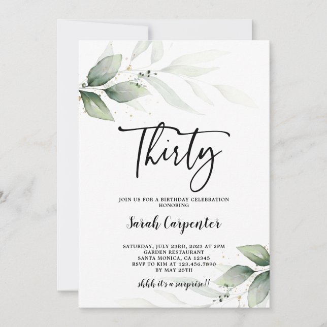 Simple Greenery 30. Geburtstag Einladung (Vorderseite)