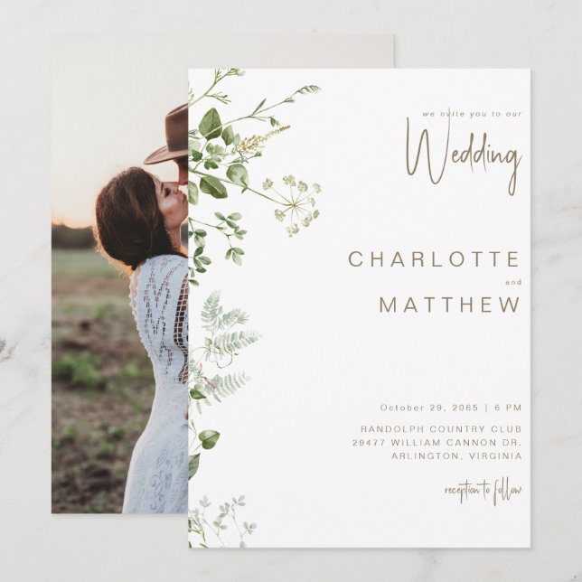 Simple Greenery Couple Foto Wedding Einladung (Vorne/Hinten)