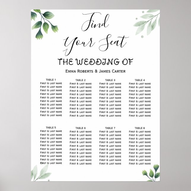 Simple Greenery Elegant Wedding Seating Chart Poster (Vorne)