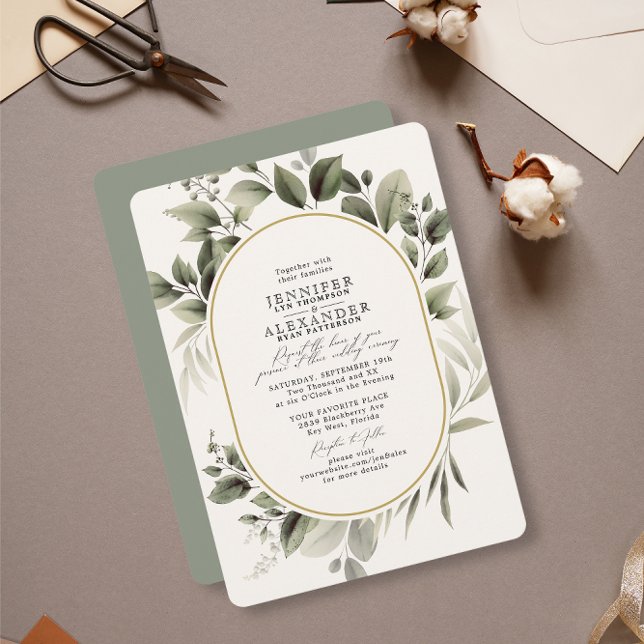 Simple Greenery Eucalyptus Ivory Golden Wedding Einladung (Von Creator hochgeladen)