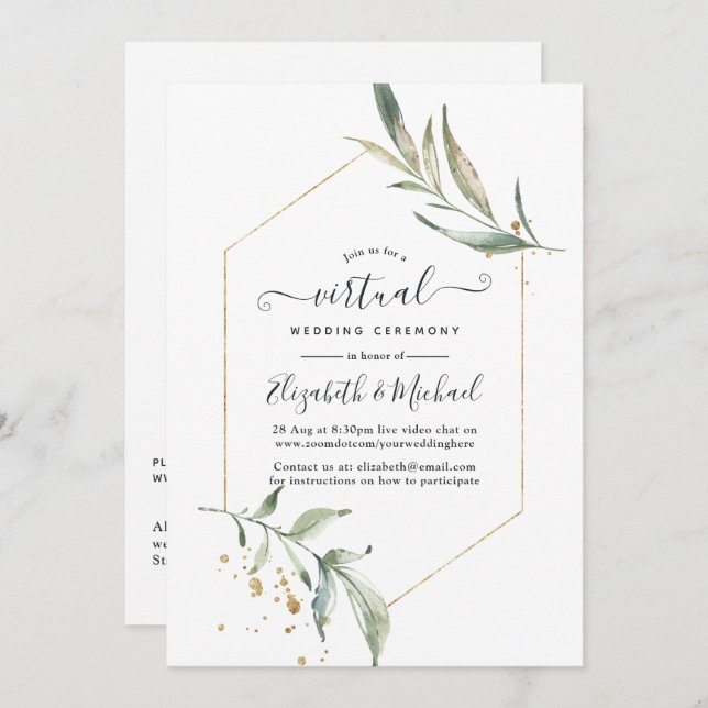 Simple Greenery Geometric Online Virtual Wedding Einladung (Vorne/Hinten)