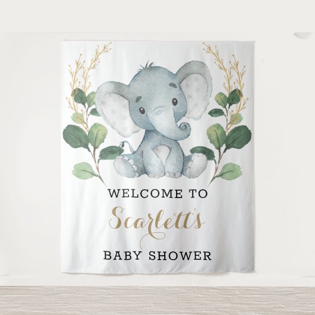 Simple Greenery Gold Elephant Baby Dusche Willkomm Wandteppich (Vorderseite)