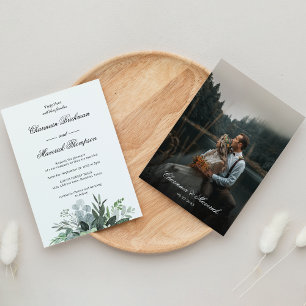 Simple Greenery Leaf Foto Schwarz-weiß Wedding Einladung