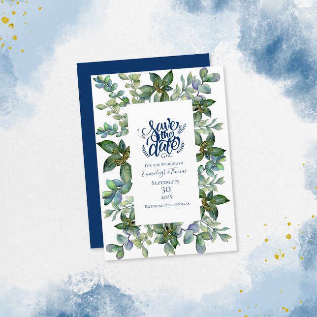 Simple Greenery Navy Blue Save the Date Einladung (Von Creator hochgeladen)