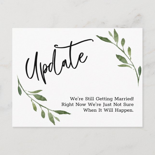 Simple Greenery Postponed Wedding Update Postkarte (Vorderseite)