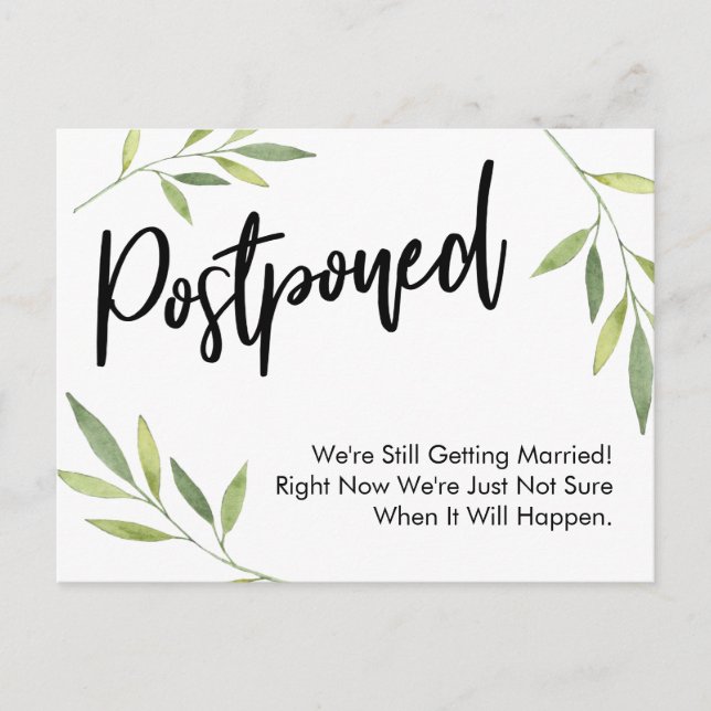 Simple Greenery Postponed Wedding Update Postkarte (Vorderseite)