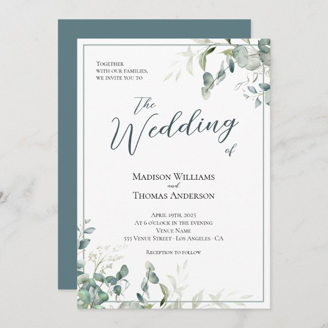 Simple Greenery Script Typografie QR Code Hochzeit Einladung (Vorne/Hinten)