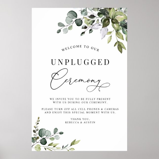 Simple Greenery Wedding Unplugged Zeremonie Poster (Vorne)