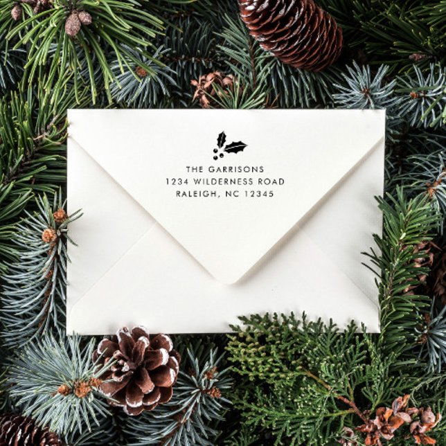 Simple Greenery Weihnachtskarte Rücksendeadresse Permastempel (A simple Christmas card return address self inking stamp with black ink and holly icon.)