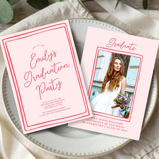 Simple Hand Drawn Graduation Party Photo Pink Einladung (Von Creator hochgeladen)