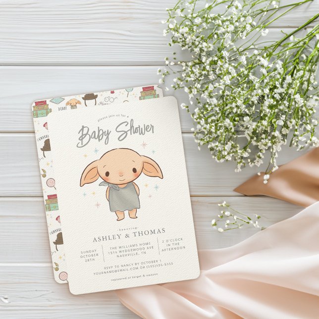 Simple Harry Potter - Dobby Baby Shower Einladung (Card on table)