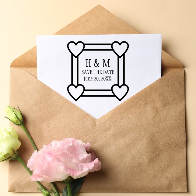Simple Heart Border Save the Date Wedding Gummistempel (heart square border)