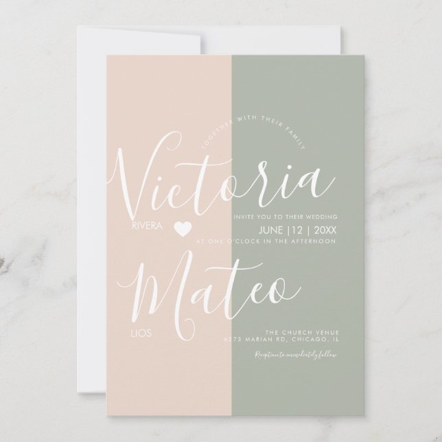 Simple Heart Script Typografy Sage Pink Wedding Einladung (Vorderseite)