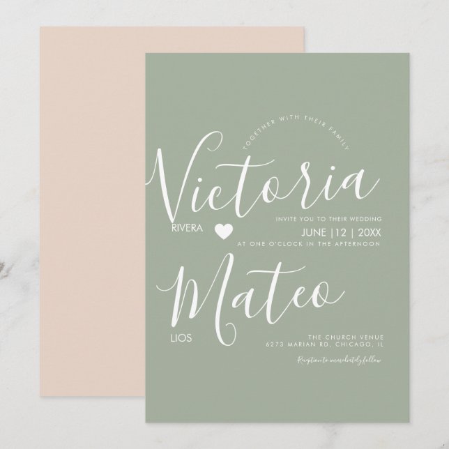 Simple Heart Script Typografy Sage Wedding Einladung (Vorne/Hinten)
