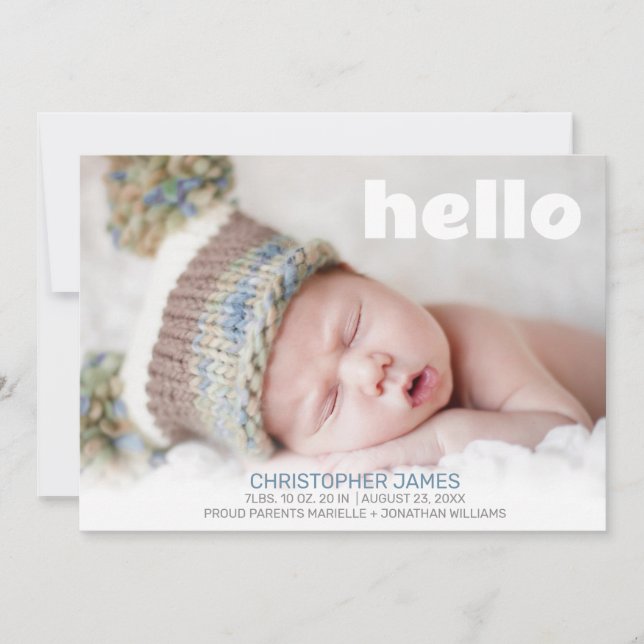 Simple Hello Blue Script White Back Baby Boy Foto Ankündigung (Vorderseite)