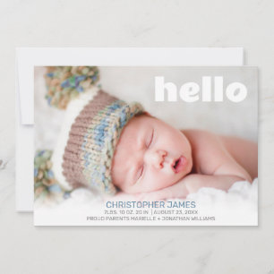 Simple Hello Blue Script White Back Baby Boy Foto Ankündigung