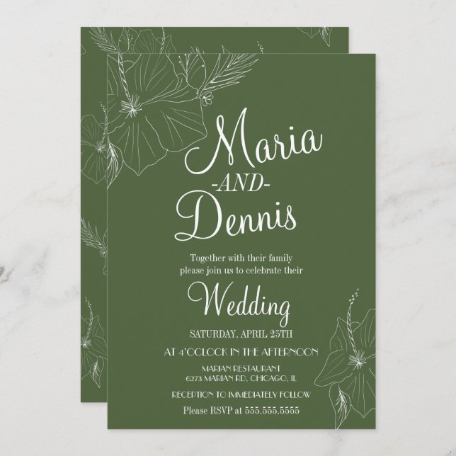 Simple HibiscusTropical Line Green Einladung (Vorne/Hinten)