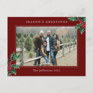 Simple Holly Berry Custom Foto Red Christmas Feiertagspostkarte
