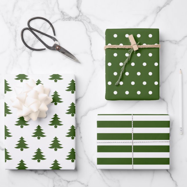 Simple Hunter Green White Christmas Trees gemischt Geschenkpapier Set (Vorderseite)