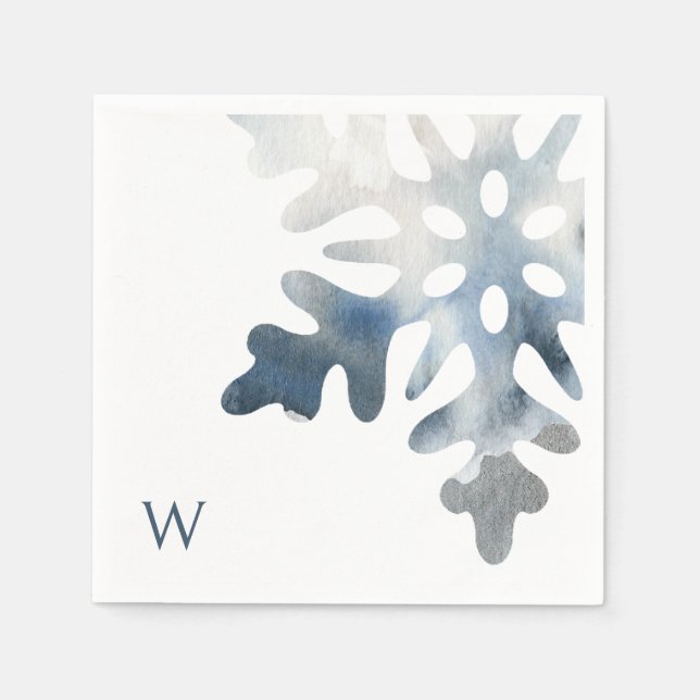 Simple Icy Blue Large Snowflake Monogram Cocktail Serviette (Vorderseite)