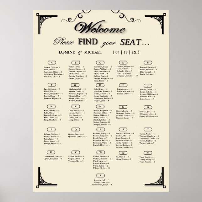 Simple Ivory Alphabetical Wedding Seating Chart Poster (Vorne)