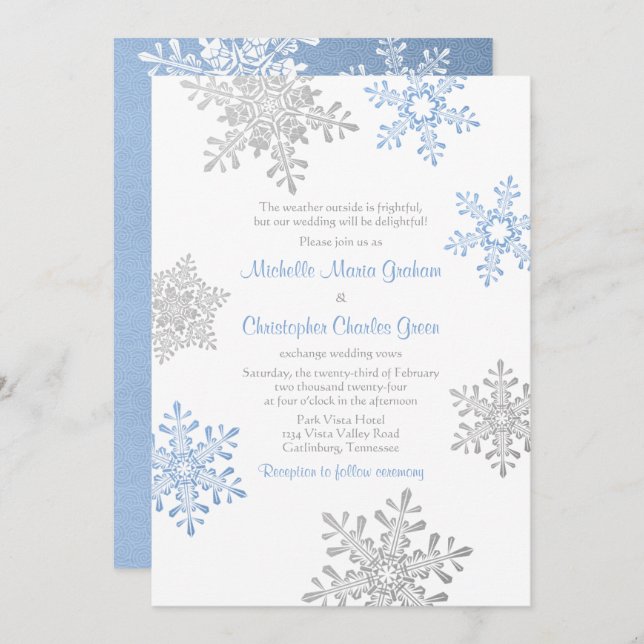 Simple Lapis Blue Silver Winter Snowflake Wedding Einladung (Vorne/Hinten)