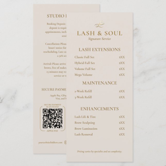 Simple Lash Brows Makeup Artist Price List QR Menükarte (Vorne/Hinten)