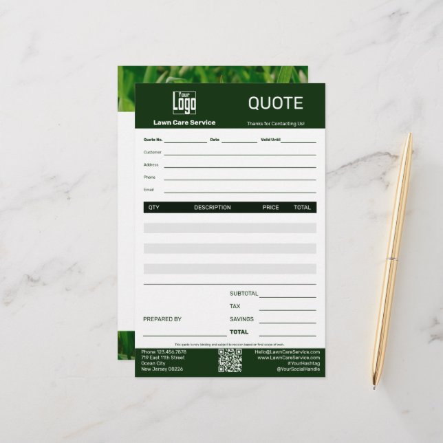 Simple Lawn Care Service Business Quote Briefpapier (Vorderseite/Rückseite Beispiel)