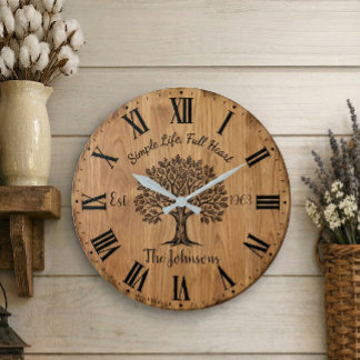 Simple Life Full Heart | Custom Oak Tree Family Große Wanduhr