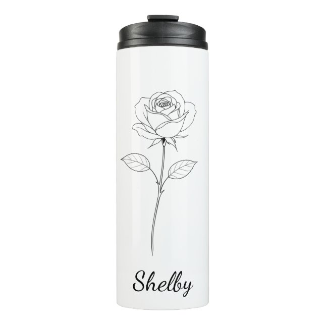 Simple Line Art Rose Custom Name Thermosbecher (Vorderseite)