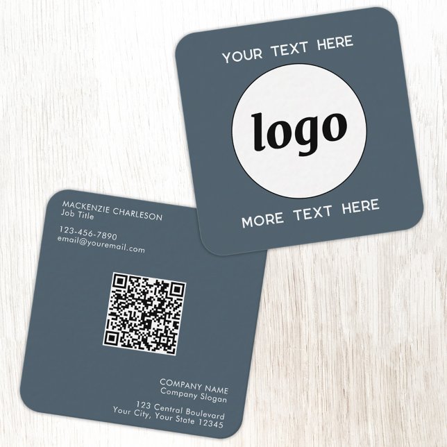 Simple Logo and Text QR Code Charcoal Gray Quadratische Visitenkarte (Simple logo with QR code custom text business branding promotional charcoal gray business card)