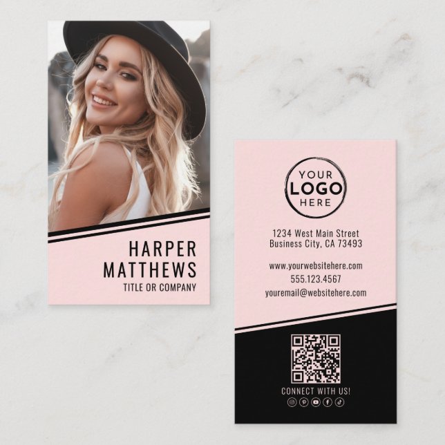 Simple Logo QR Code Blush Pink Visitenkarte (Vorne/Hinten)