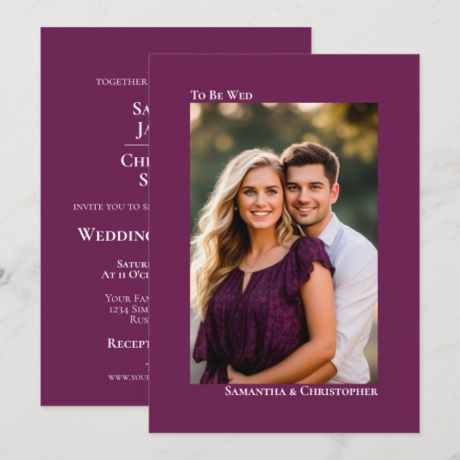 Simple Magenta Plum Vertical Foto Wedding Einladung (Vorne/Hinten)