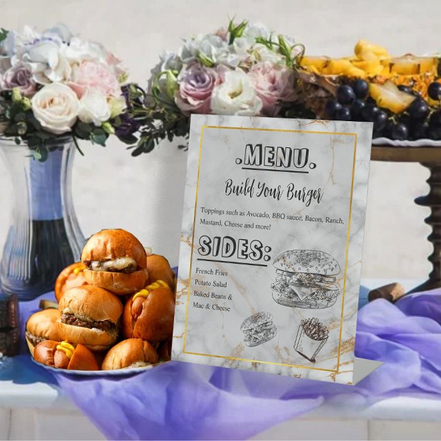 Simple Marble Gold Elegante Wedding Burger Menü Sockelschild (Von Creator hochgeladen)