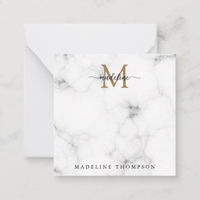 Simple Marble Gold Girly Script Monogram Square Mitteilungskarte (Vorderseite)