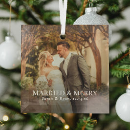 Simple Married & Merry Newlywed Photo, Christmas Ornament Aus Glas