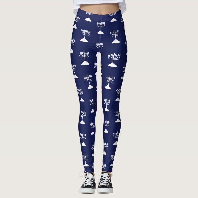Simple Menorah Pattern Hanukkah Navy Blau Leggings (Vorderseite)