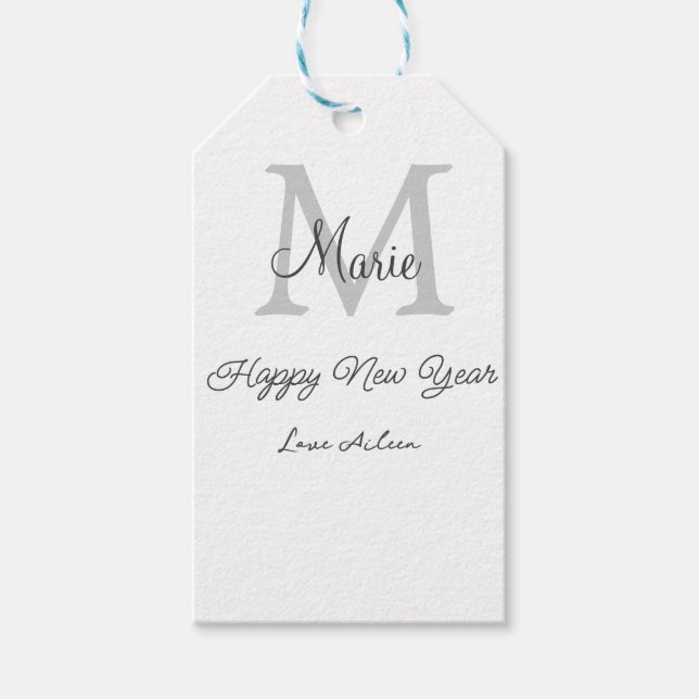 simple minimal happy new year monogram gray name  geschenkanhänger (Vorderseite)