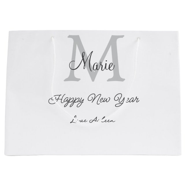 simple minimal happy new year monogram gray name  große geschenktüte (Vorderseite)