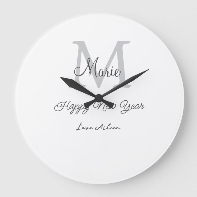 simple minimal happy new year monogram gray name  große wanduhr (Vorderseite)