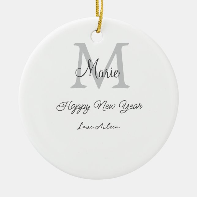 simple minimal happy new year monogram gray name  keramik ornament (Vorne)