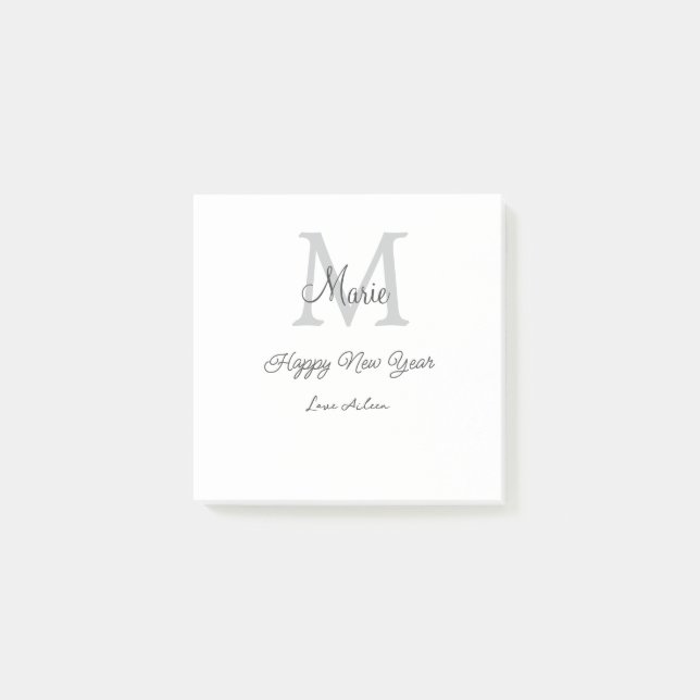 simple minimal happy new year monogram gray name  post-it klebezettel (Vorderseite)