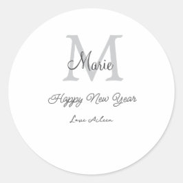 simple minimal happy new year monogram gray name  runder aufkleber