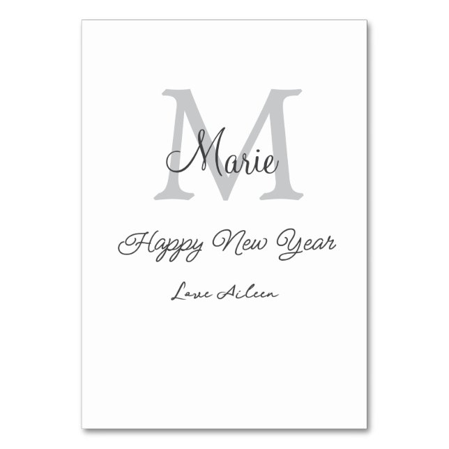 simple minimal happy new year monogram gray name  tischnummer (Vorderseite)